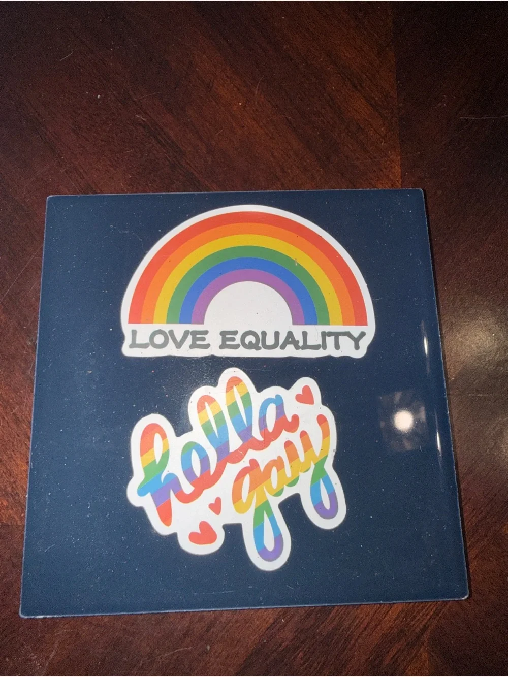 Royal Blue Ceramic Tile with Rainbow Pride Stickers with Muted Blue Mate!